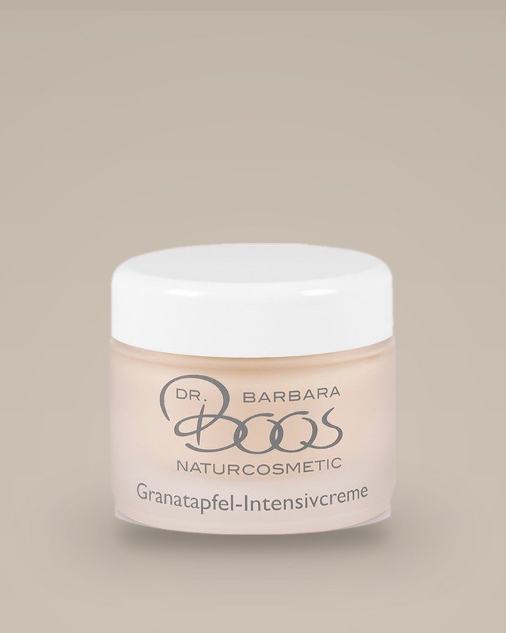 Granatapfel-Intensivcreme von Dr. Barbara Boos, roséfarbener Glastiegel mit weißem Deckel