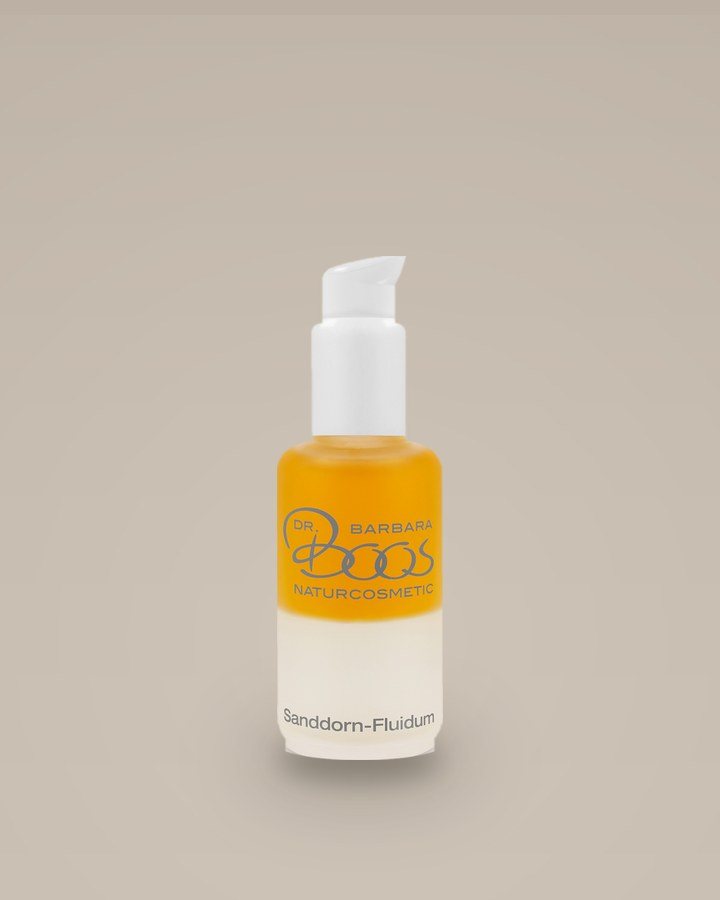 Sanddorn-Fluidum von Dr. Barbara Boos, Pumpflasche mit orangefarbenem Fluid