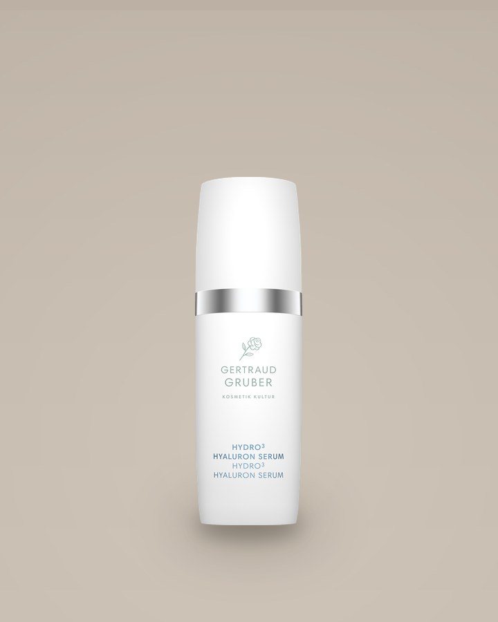 Hydro³ Hyaluron Serum von Gertraud Gruber, weißer Spender mit Silberring